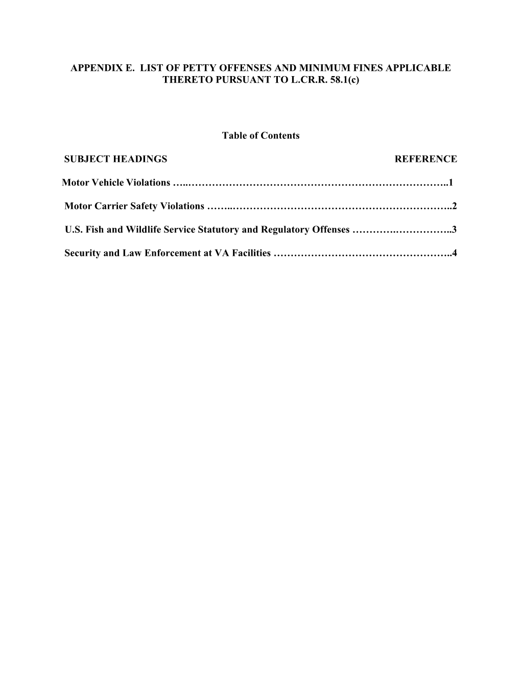 APPENDIX E. LIST of PETTY OFFENSES and MINIMUM FINES APPLICABLE THERETO PURSUANT to L.CR.R. 58.1(C) Table of Contents SUBJECT H