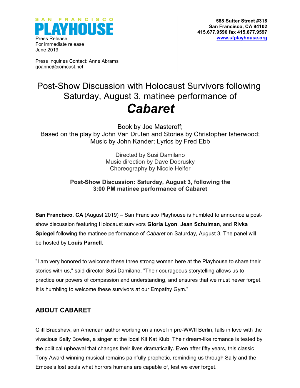 Cabaret – Post-Show Discussion with Holocaust Survivors
