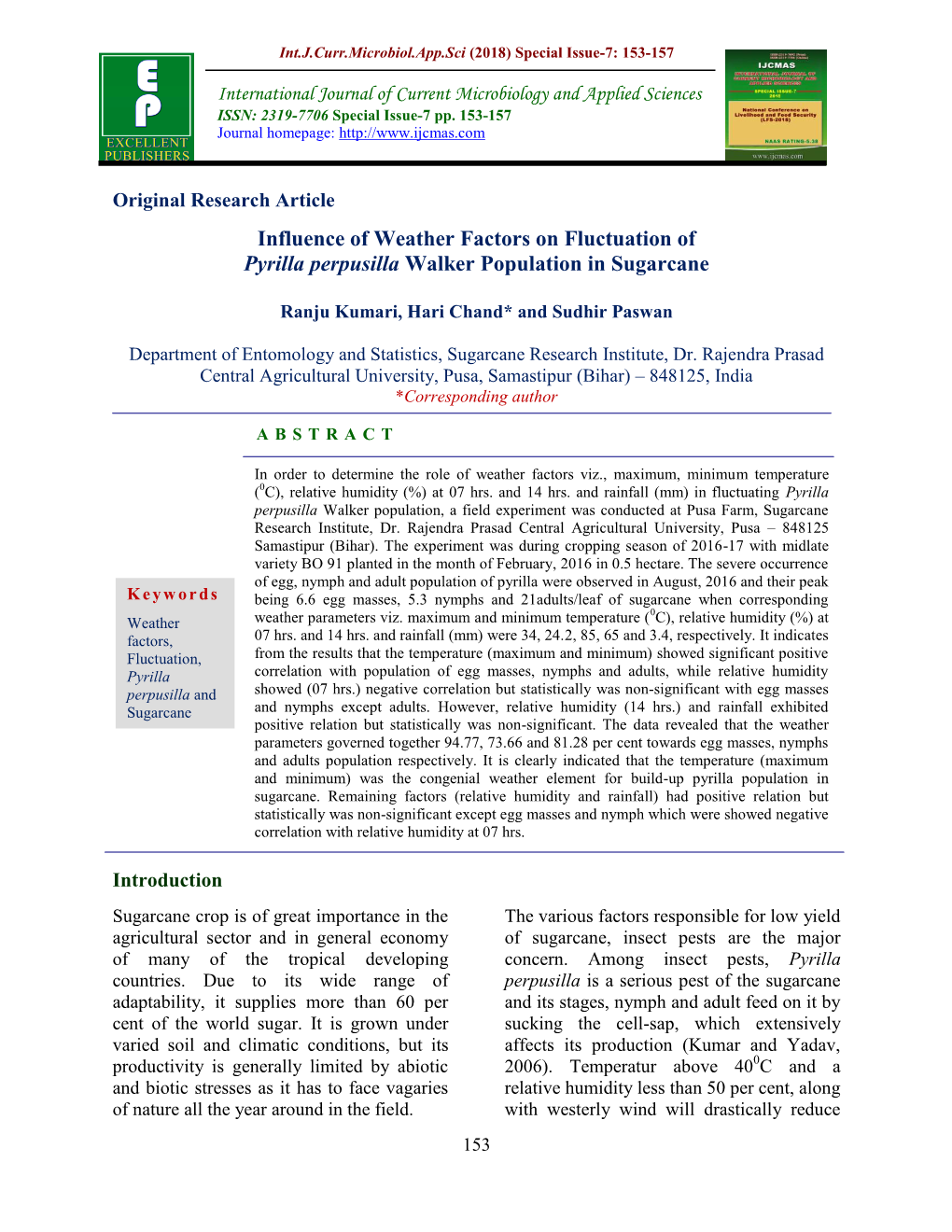 Influence of Weather Factors on Fluctuation of Pyrilla Perpusilla Walker Population in Sugarcane