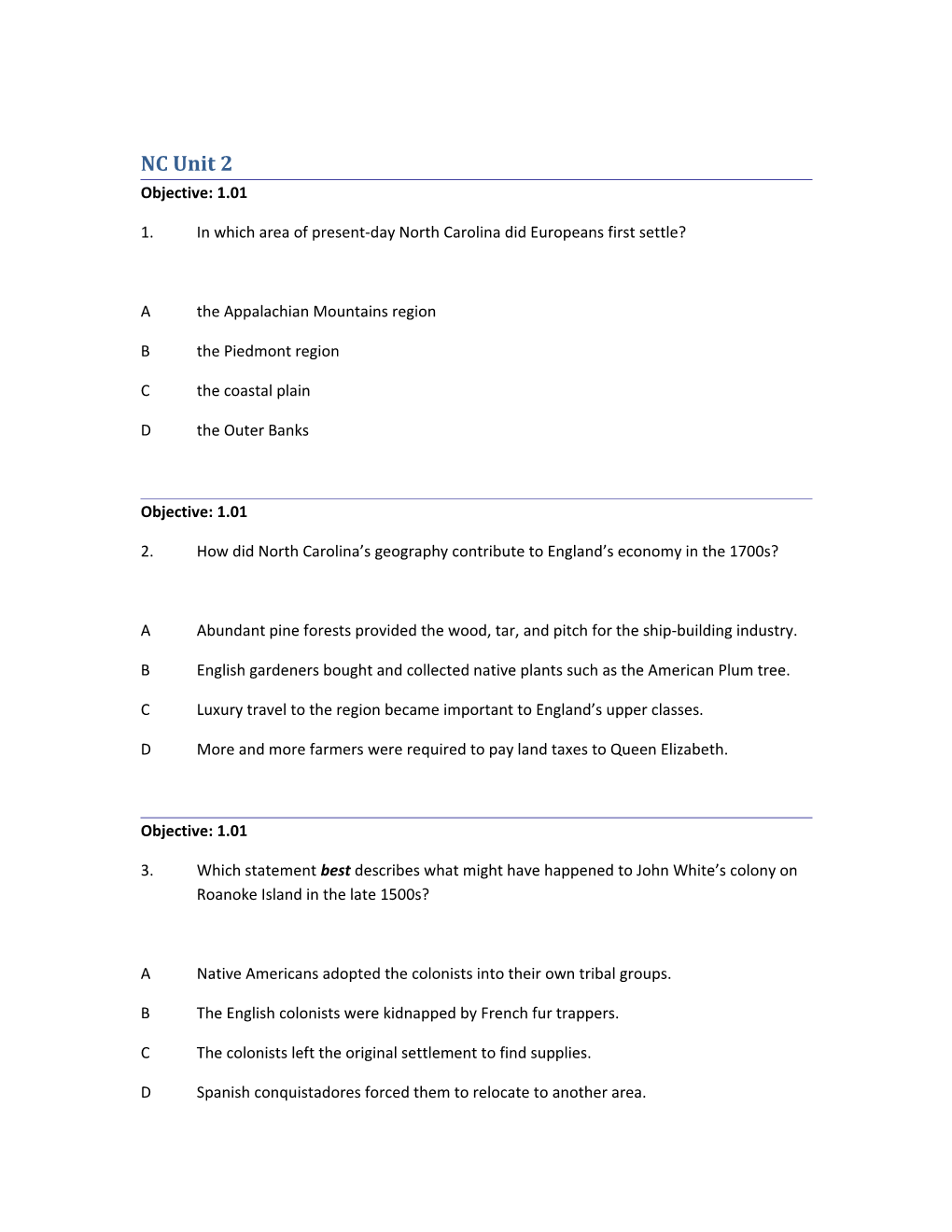 1. in Which Area of Present-Day North Carolina Did Europeans First Settle?