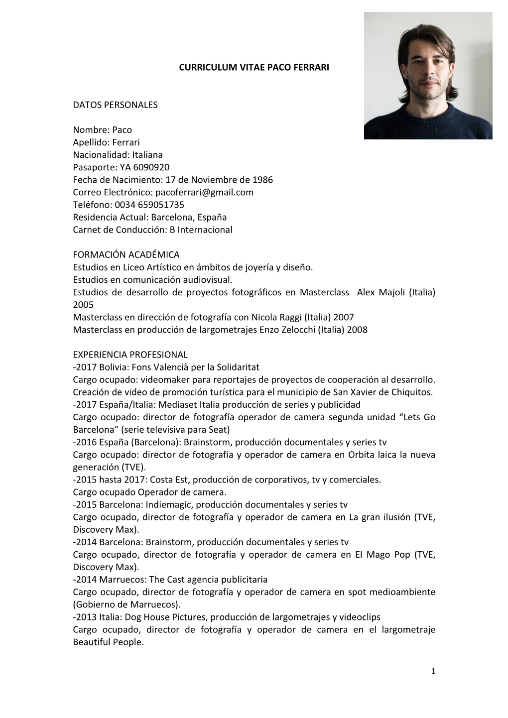 Curriculum Vitae Paco Ferrari Datos