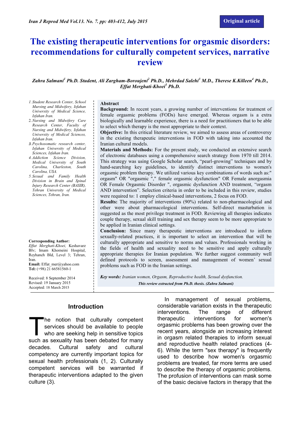 The Existing Therapeutic Interventions for Orgasmic Disorders: Recommendations for Culturally Competent Services, Narrative Review