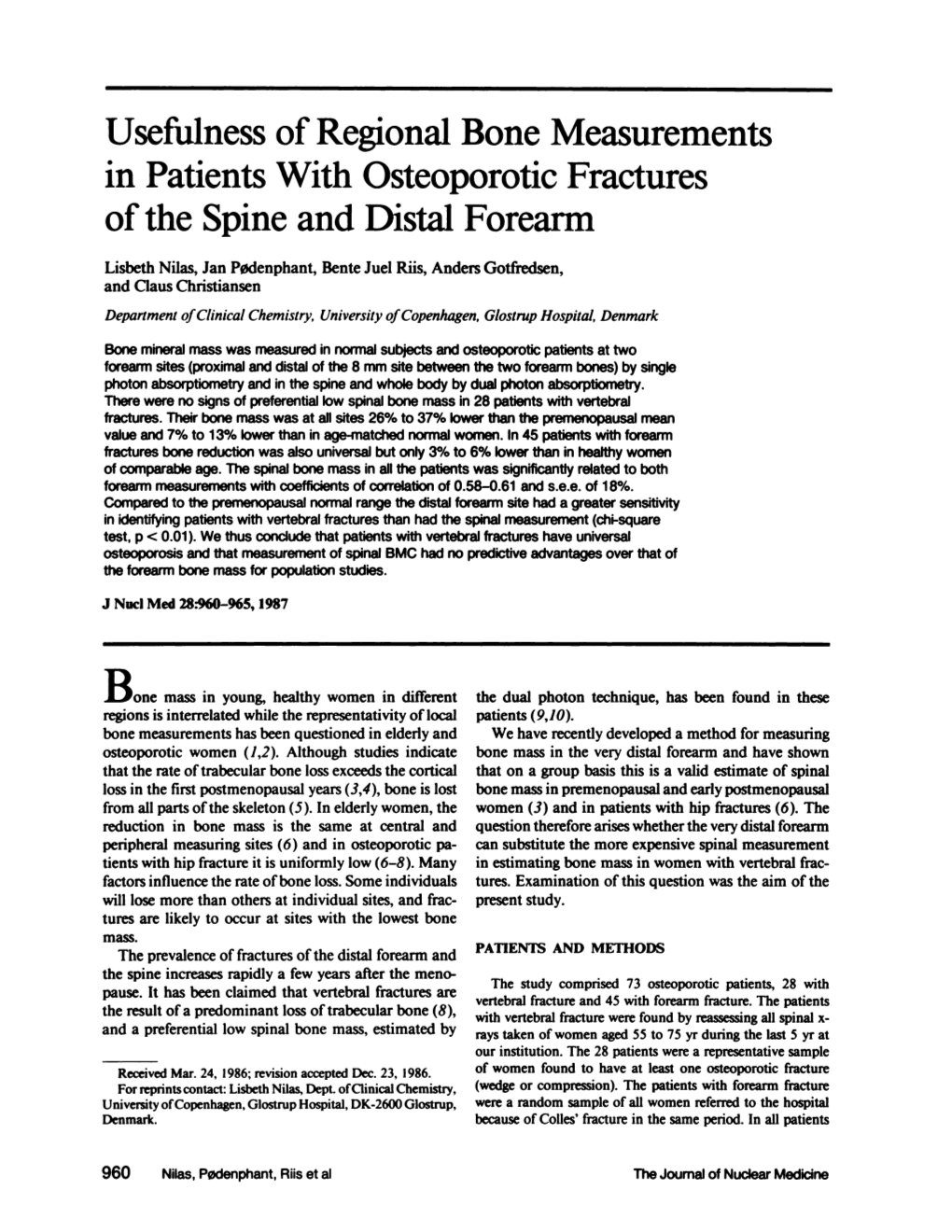 Usefulness of Regional Bone Measurements in Patients with Osteoporotic Fractures of the Spine and Distal Forearm