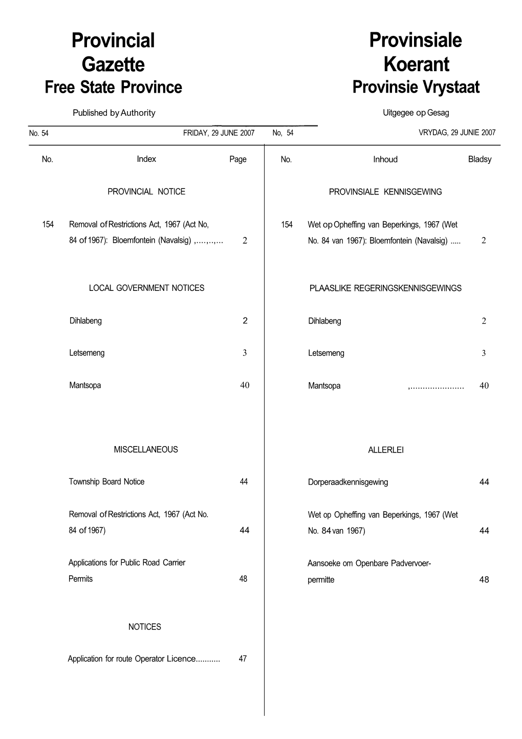 Provincial Gazette Provinsiale Koerant