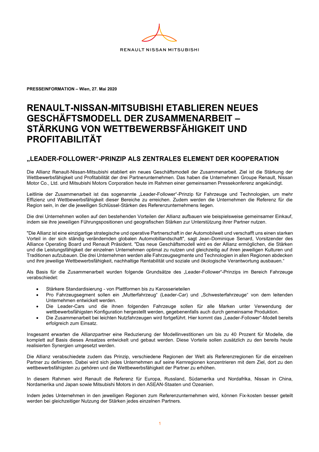 Renault-Nissan-Mitsubishi Etablieren Neues Geschäftsmodell Der Zusammenarbeit – Stärkung Von Wettbewerbsfähigkeit Und Profitabilität