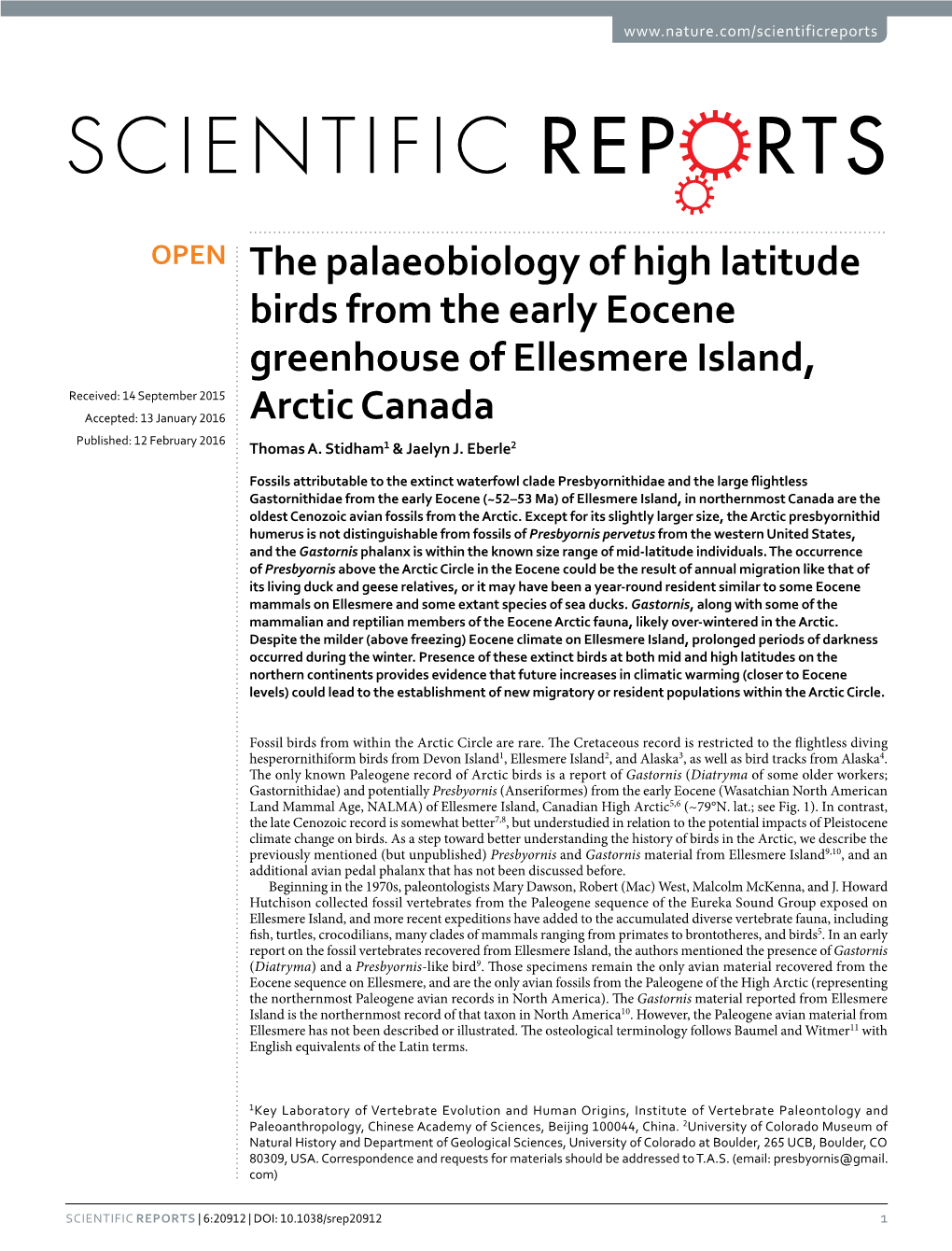 The Palaeobiology of High Latitude Birds from the Early Eocene Greenhouse of Ellesmere Island, Arctic Canada