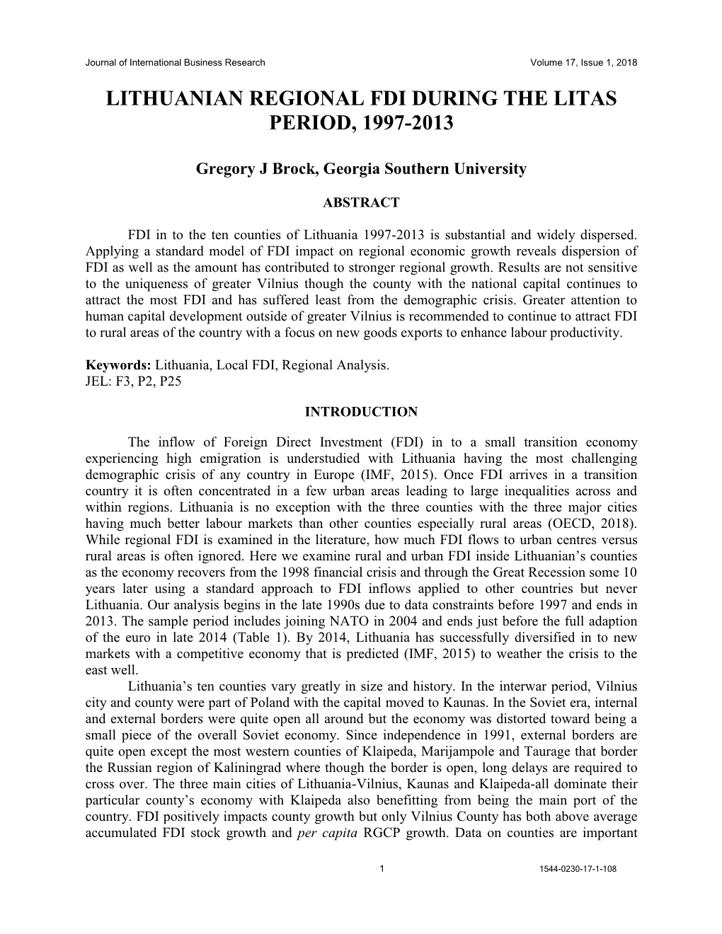 Lithuanian Regional Fdi During the Litas Period, 1997-2013