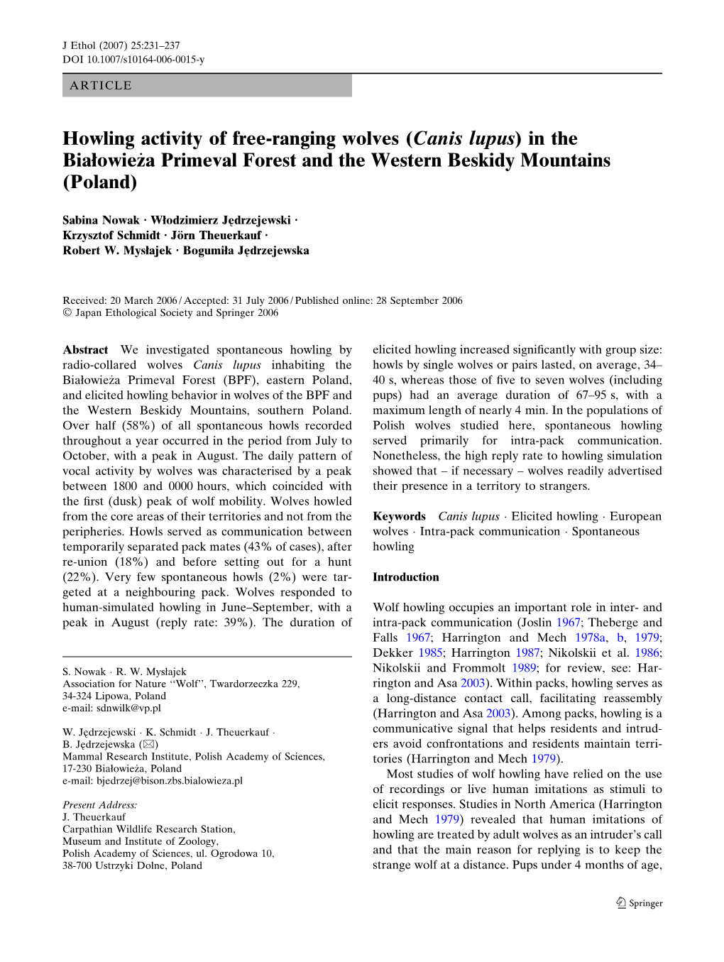 Howling Activity of Free-Ranging Wolves (Canis Lupus) in the Białowie˙Za