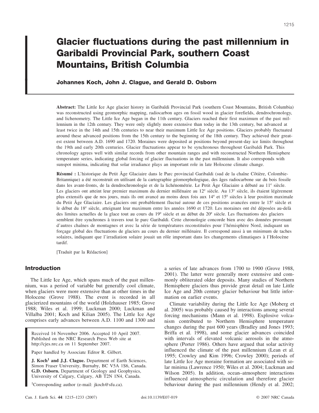 Glacier Fluctuations During the Past Millennium in Garibaldi Provincial Park, Southern Coast Mountains, British Columbia