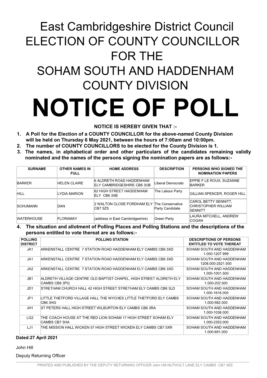 Notice of Poll Notice Is Hereby Given That :- 1