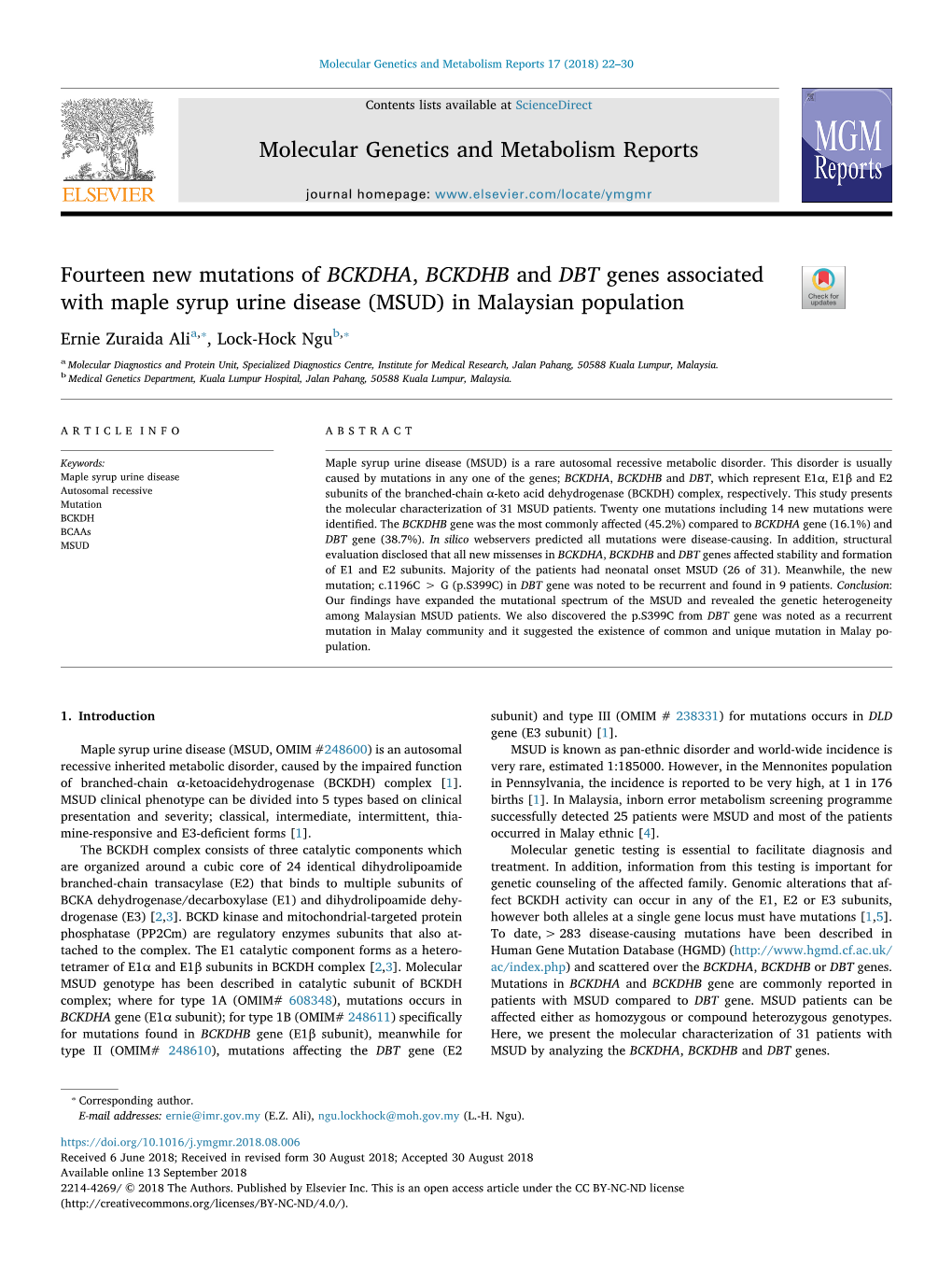 (MSUD) in Malaysian Population