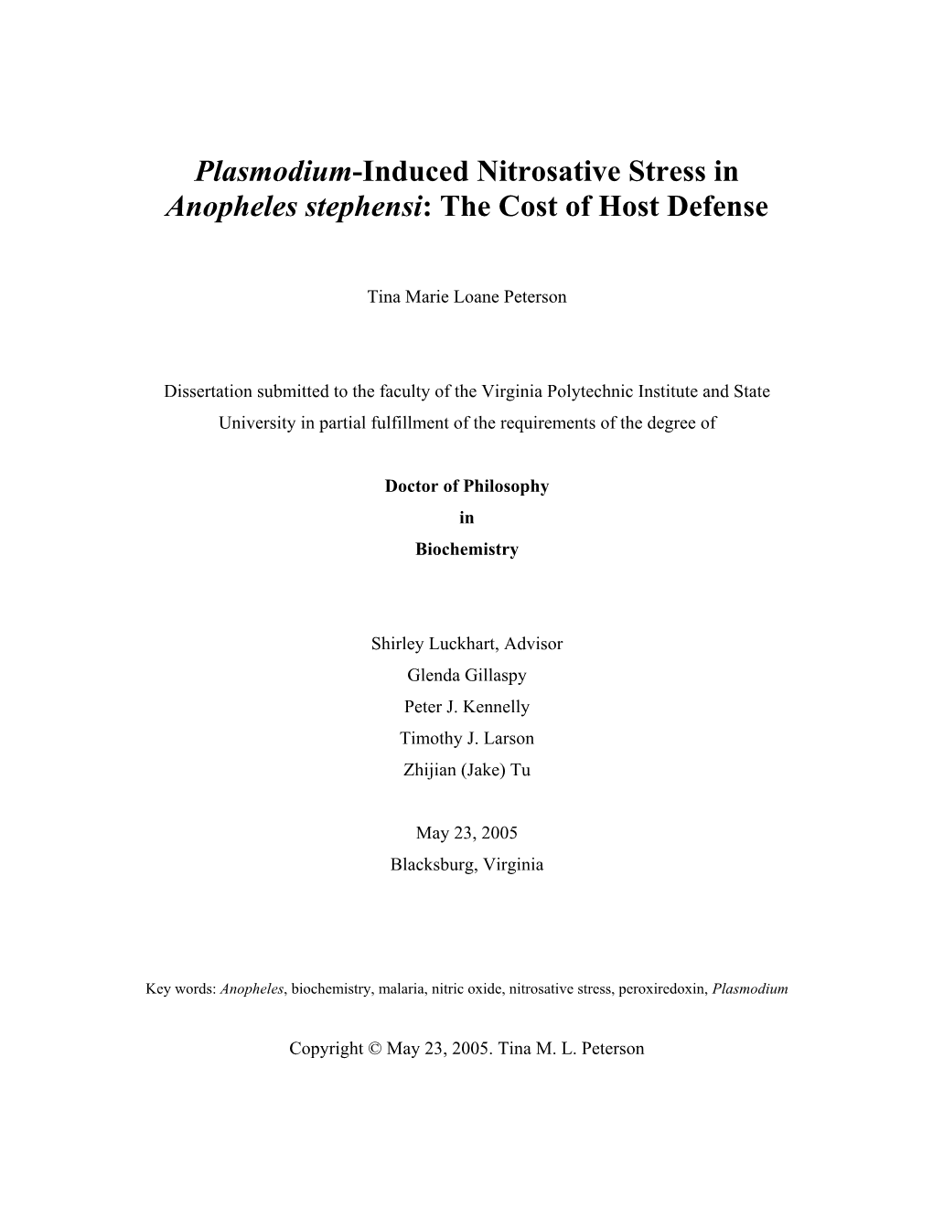 Plasmodium-Induced Nitrosative Stress in Anopheles Stephensi: the Cost of Host Defense