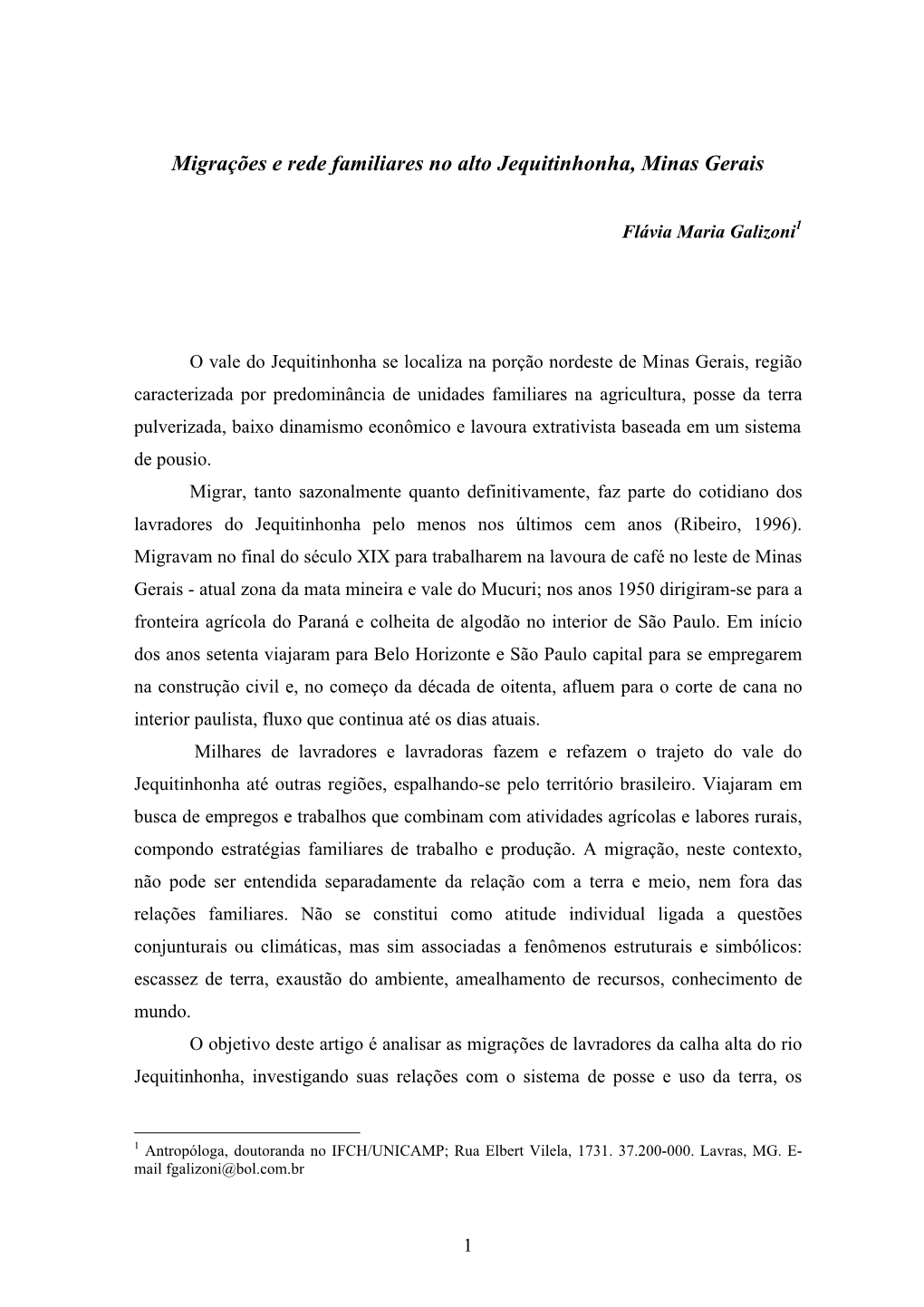 Migrações E Rede Familiares No Alto Jequitinhonha, Minas Gerais