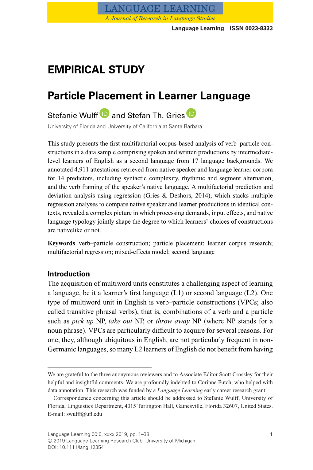 EMPIRICAL STUDY Particle Placement in Learner Language