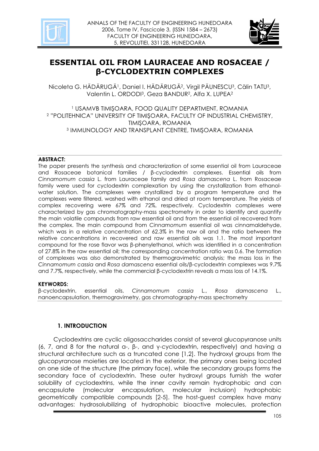 Essential Oil from Lauraceae and Rosaceae / Β-Cyclodextrin Complexes