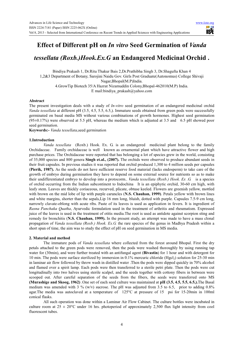 Effect of Different Ph on in Vitro Seed Germination of Vanda Tessellata (Roxb.)Hook.Ex.G an Endangered Medicinal Orchid