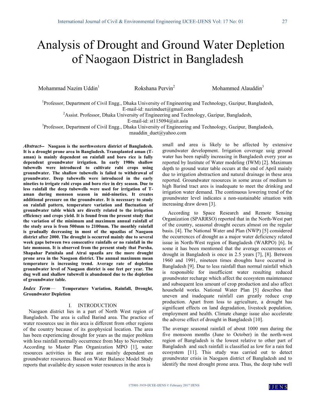 Analysis of Drought and Ground Water Depletion of Naogaon District in Bangladesh