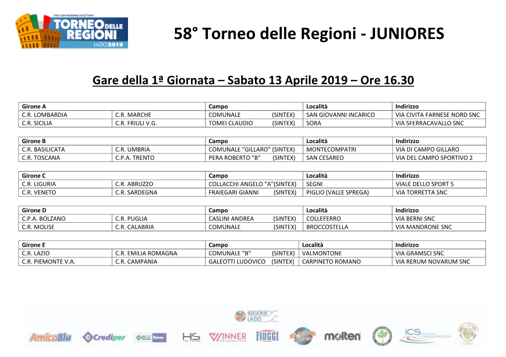 58° Torneo Delle Regioni - JUNIORES