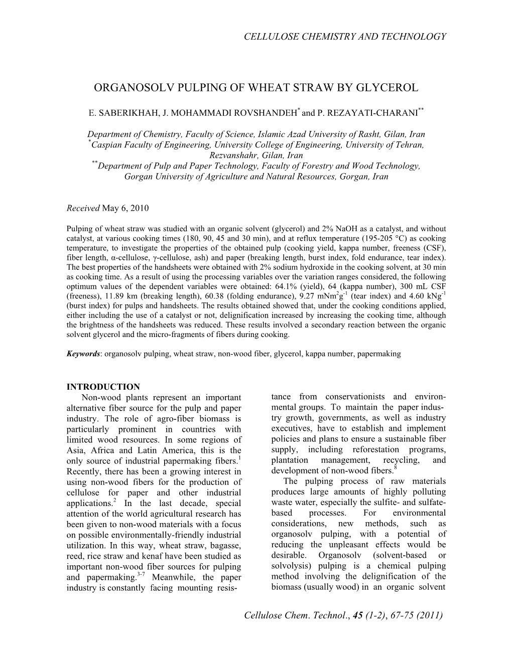 Organosolv Pulping of Wheat Straw by Glycerol