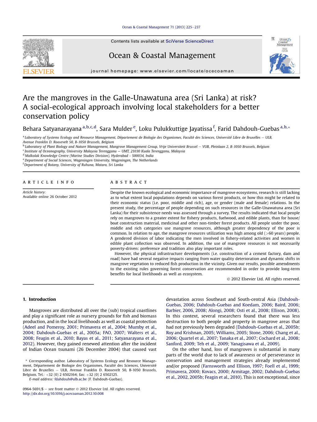 Are the Mangroves in the Galle-Unawatuna Area (Sri Lanka) at Risk? a Social-Ecological Approach Involving Local Stakeholders for a Better Conservation Policy