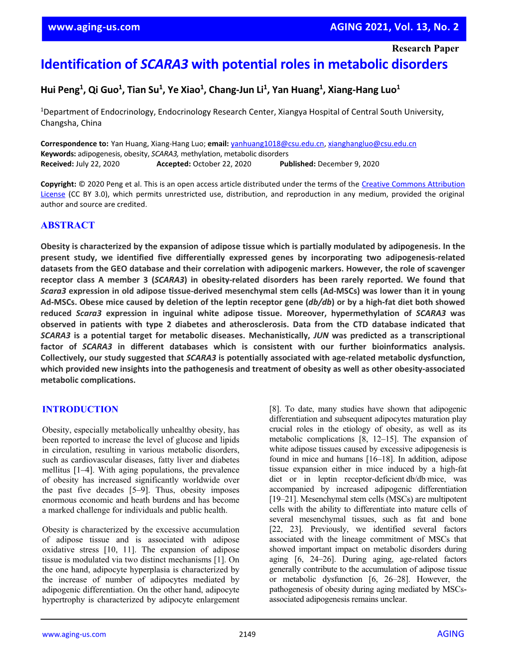 Identification of SCARA3 with Potential Roles in Metabolic Disorders