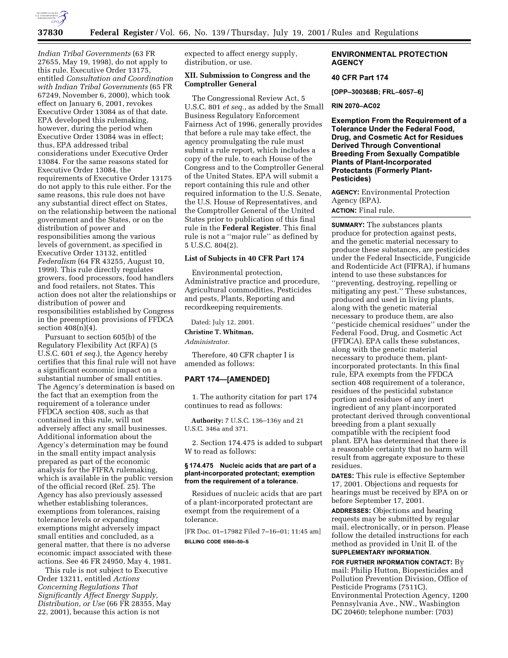 Federal Register/Vol. 66, No. 139/Thursday, July 19, 2001/Rules