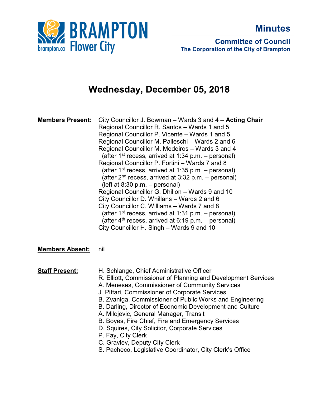 Committee of Council Minutes for December 5, 2018
