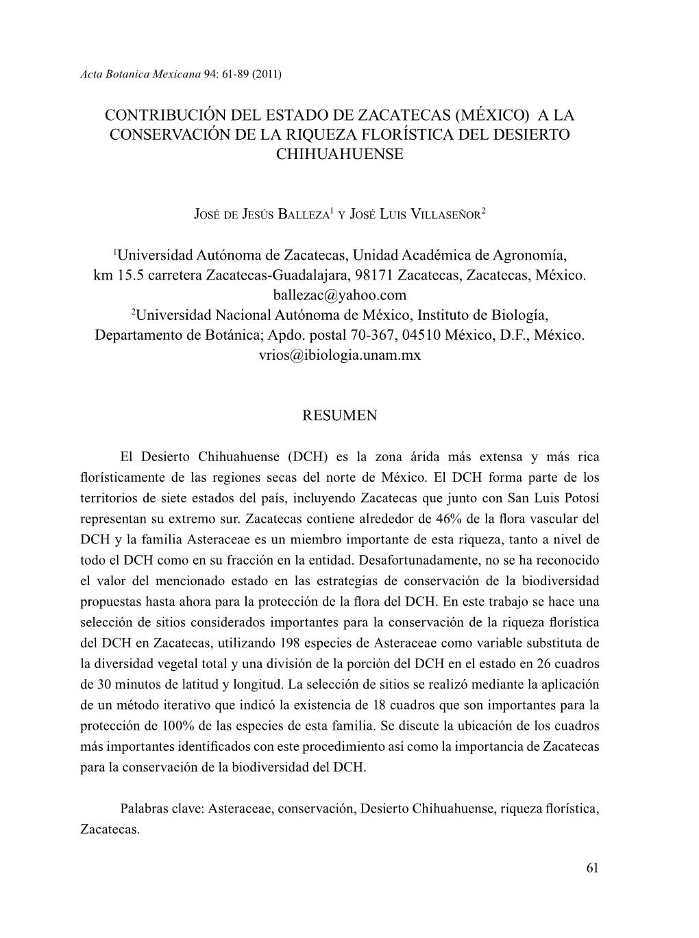 Contribución Del Estado De Zacatecas (México) a La Conservación De La Riqueza Florística Del Desierto Chihuahuense