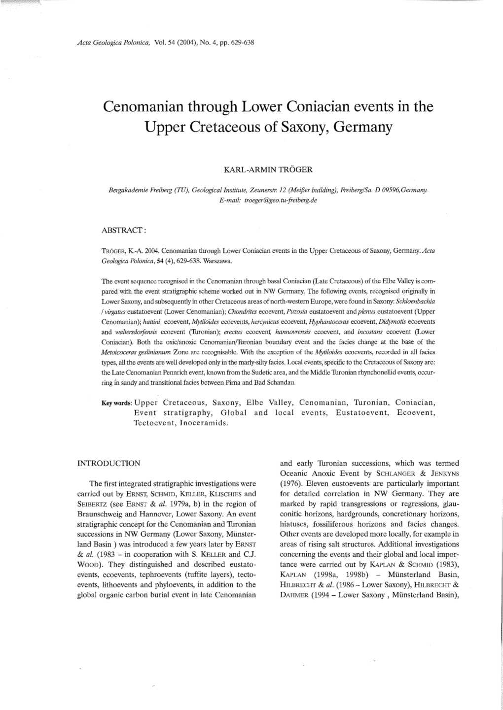 Cenomanian Through Lower Coniacian Events in the Upper Cretaceous of Saxony, Germany