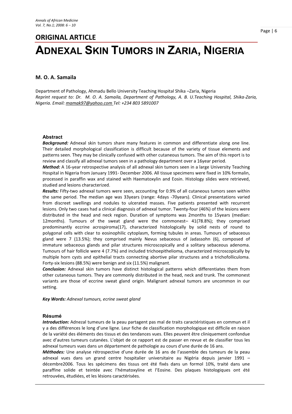 Adnexal Skin Tumors in Zaria, Nigeria