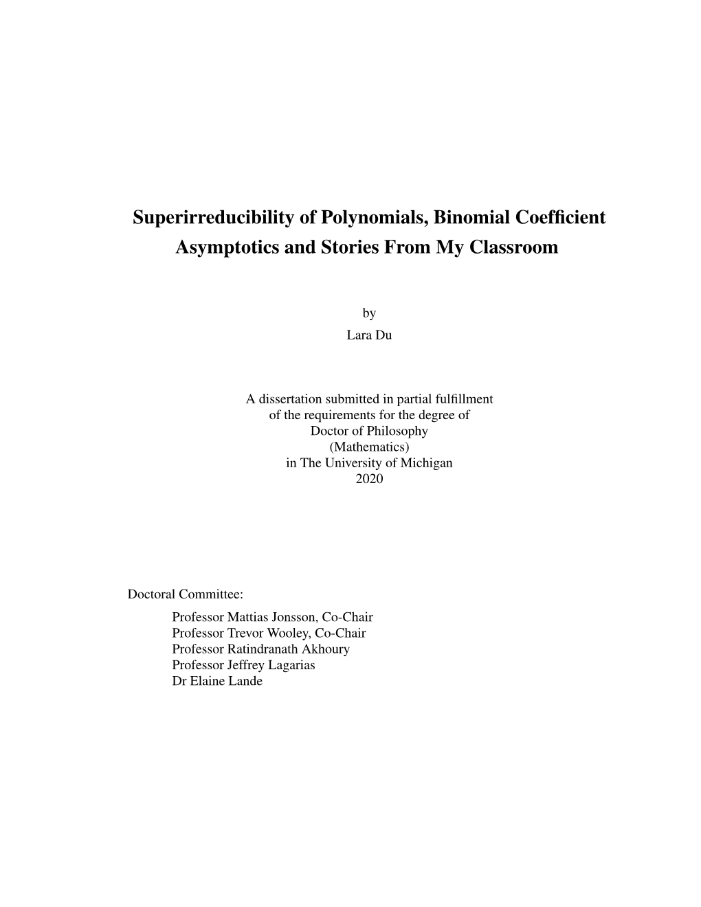 Superirreducibility of Polynomials, Binomial Coefficient Asymptotics