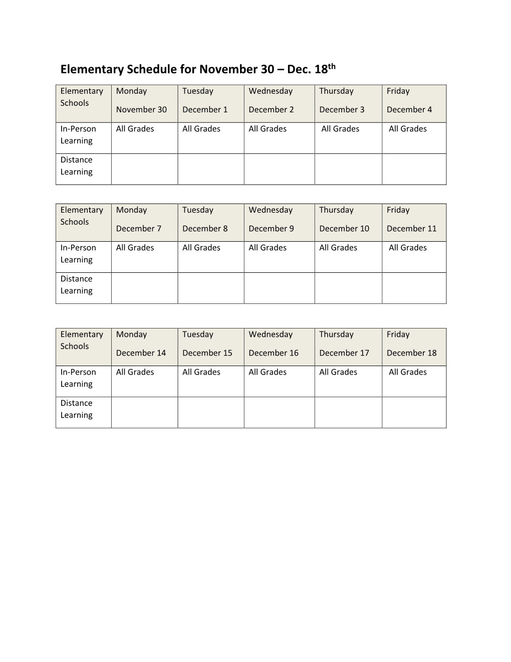 Elementary Schedule for November 30 – Dec. 18Th