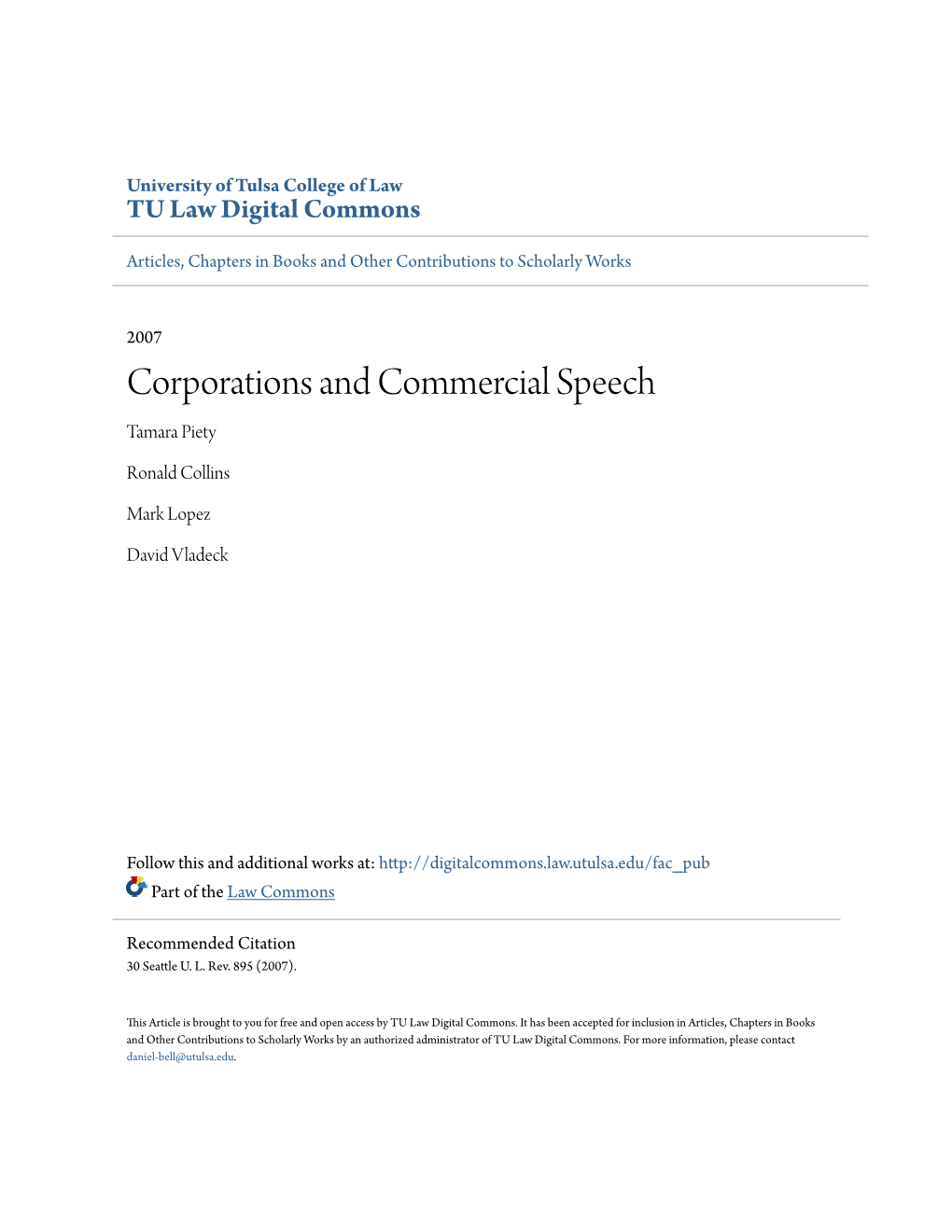 Corporations and Commercial Speech Tamara Piety