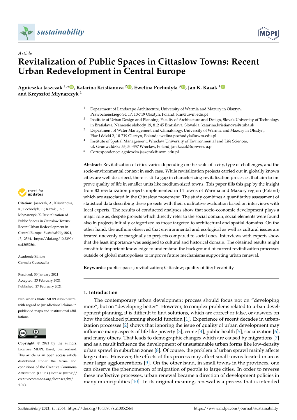 Revitalization of Public Spaces in Cittaslow Towns: Recent Urban Redevelopment in Central Europe