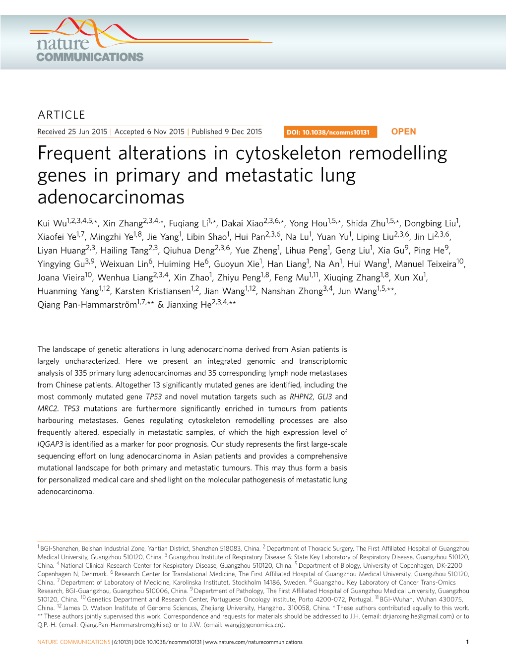 Frequent Alterations in Cytoskeleton Remodelling Genes in Primary and Metastatic Lung Adenocarcinomas