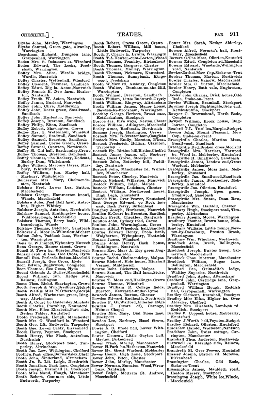 TRADES. FAR 911 Blythe .John, Manley;Warrington Booth Bobert, Crewe Green, Crewe Bower Mrs