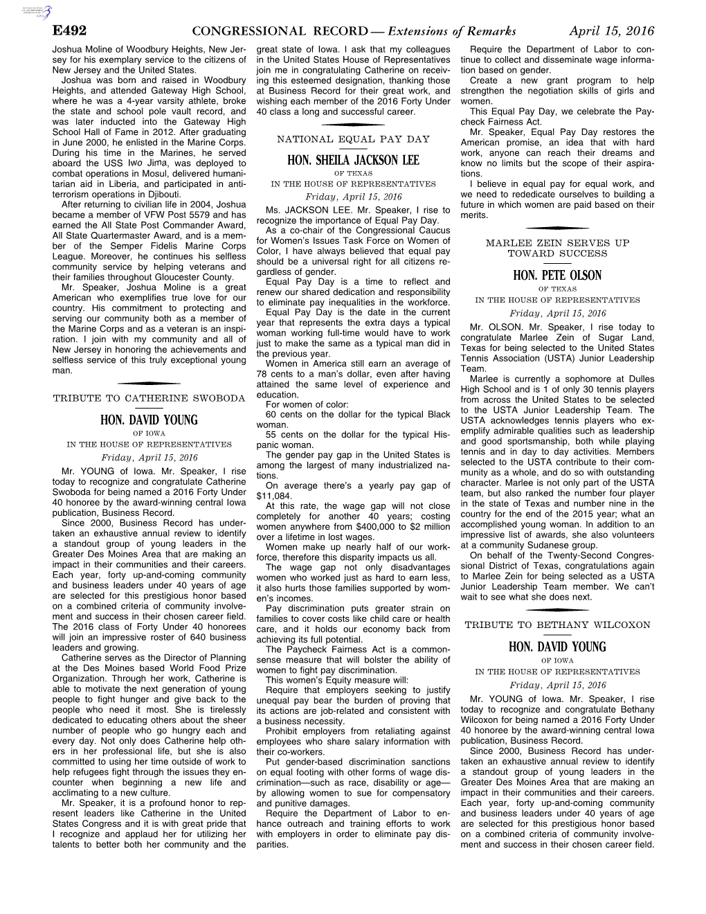 CONGRESSIONAL RECORD— Extensions of Remarks E492 HON. DAVID YOUNG HON. SHEILA JACKSON LEE HON. PETE OLSON HON. DAVID YOUNG