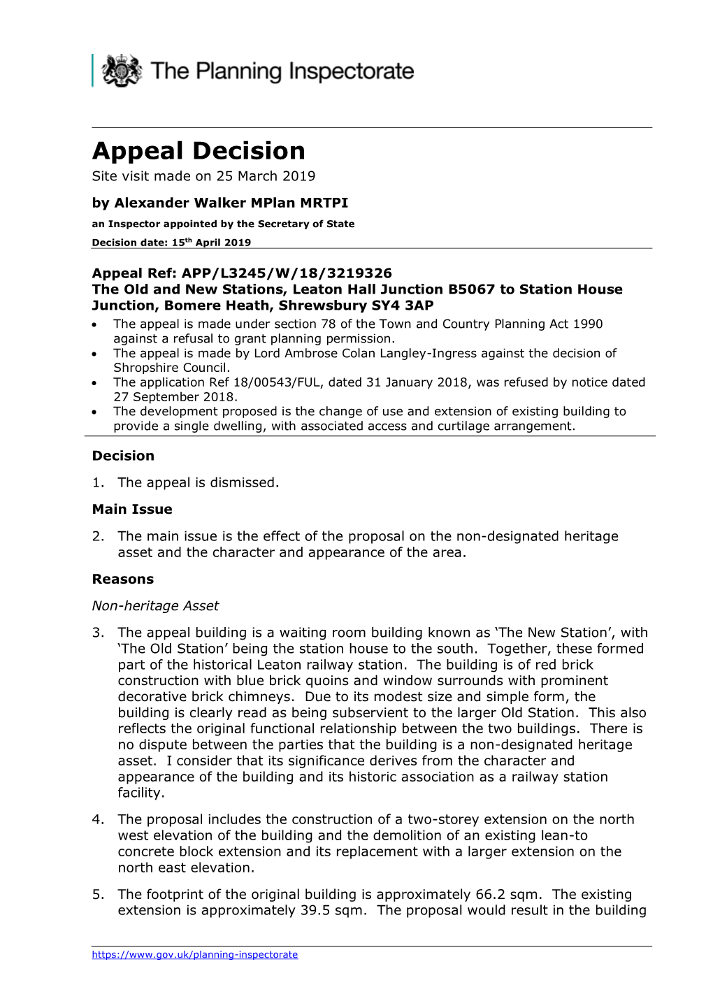 Appeal Decision Site Visit Made on 25 March 2019 by Alexander Walker Mplan MRTPI an Inspector Appointed by the Secretary of State Decision Date: 15Th April 2019