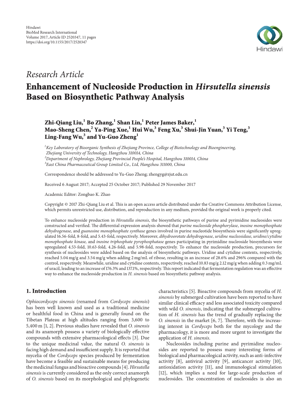 Enhancement of Nucleoside Production in Hirsutella Sinensis Based on Biosynthetic Pathway Analysis