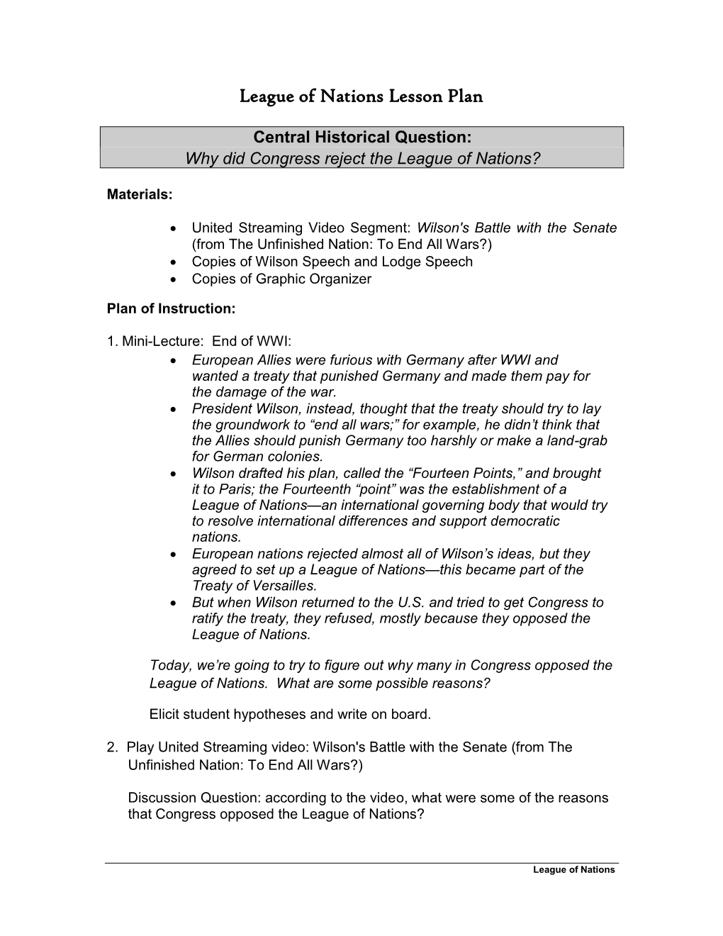 League of Nations Lesson Plan