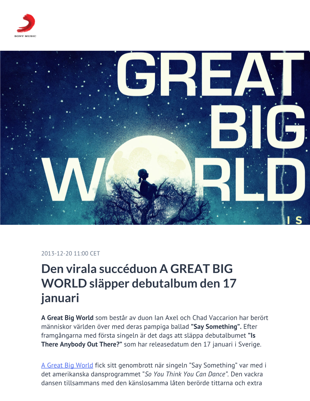 Den Virala Succéduon a GREAT BIG WORLD Släpper Debutalbum Den 17 Januari