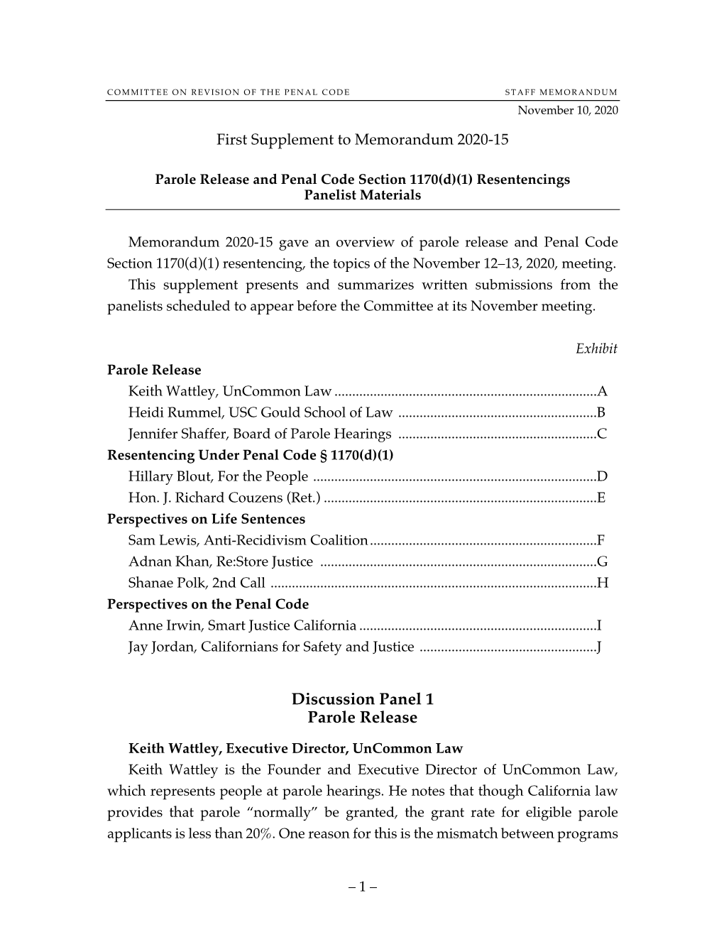 Discussion Panel 1 Parole Release