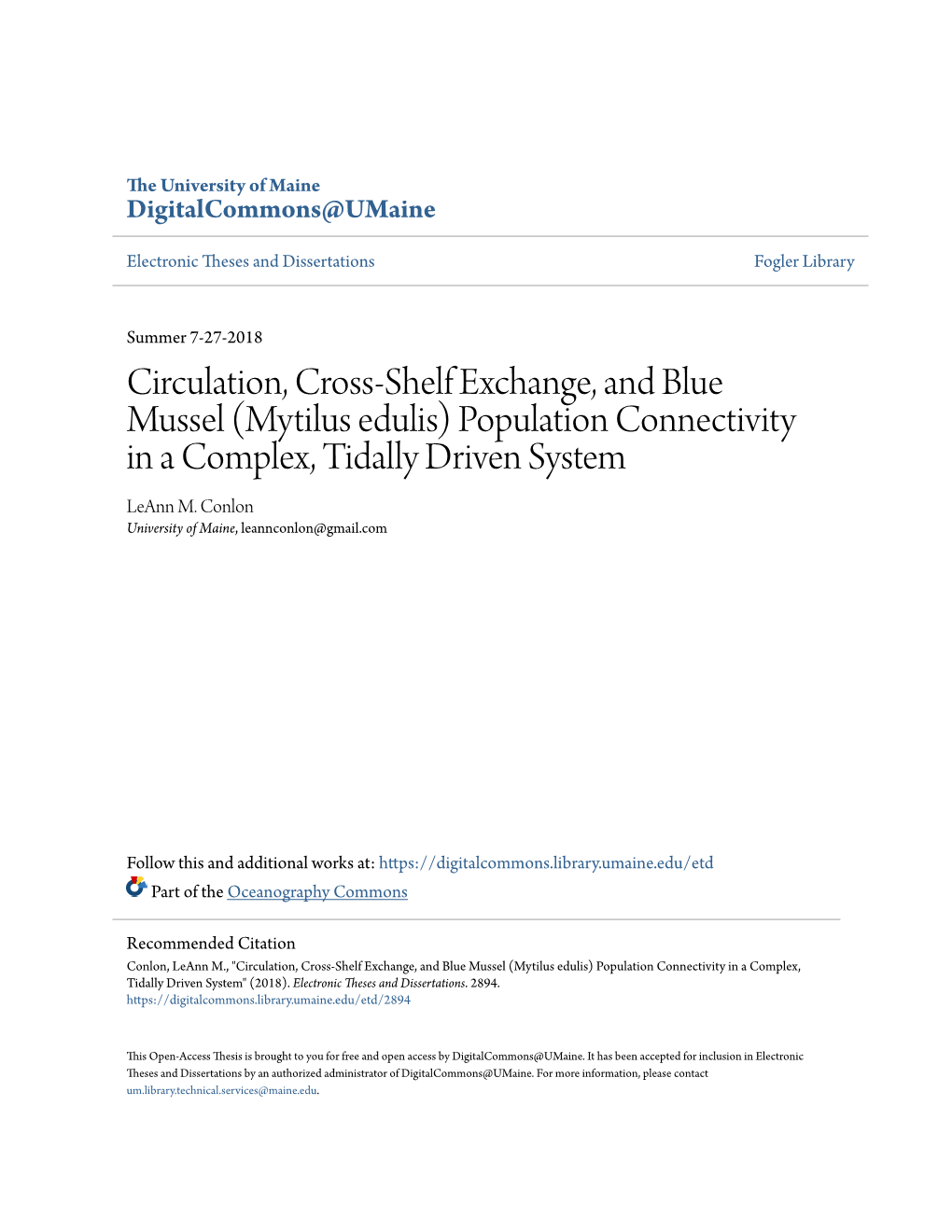 Circulation, Cross-Shelf Exchange, and Blue Mussel (Mytilus Edulis) Population Connectivity in a Complex, Tidally Driven System Leann M