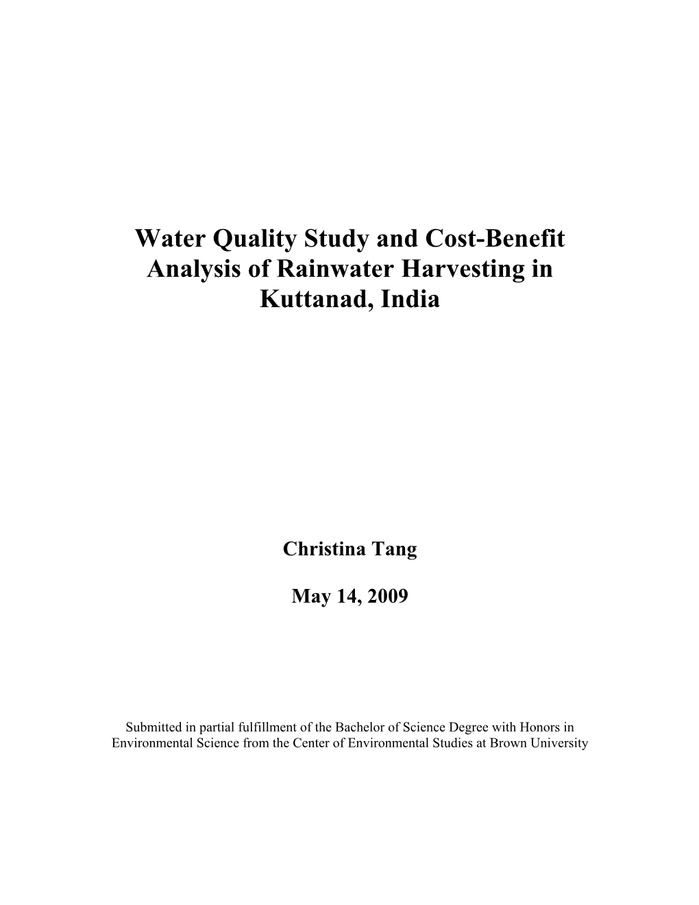 Water Quality Study and Cost-Benefit Analysis of Rainwater Harvesting in Kuttanad, India