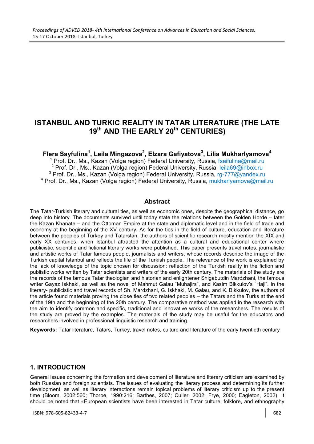ISTANBUL and TURKIC REALITY in TATAR LITERATURE (THE LATE 19Th and the EARLY 20Th CENTURIES)