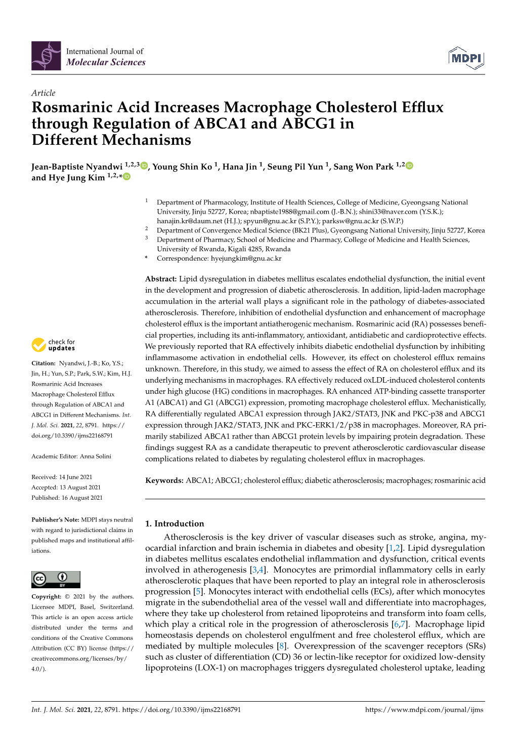 Rosmarinic Acid Increases Macrophage Cholesterol Efflux