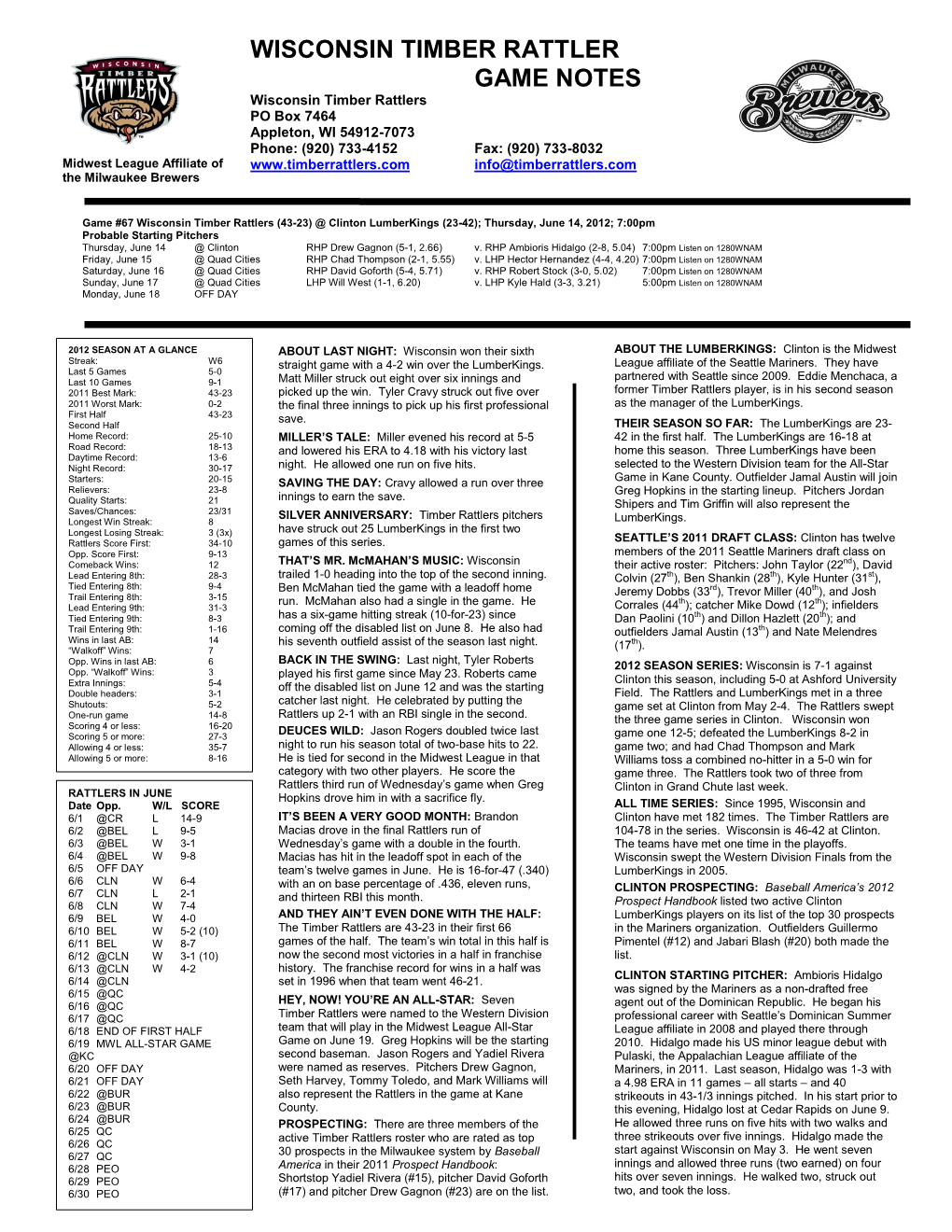 Wisconsin Timber Rattler Game Notes