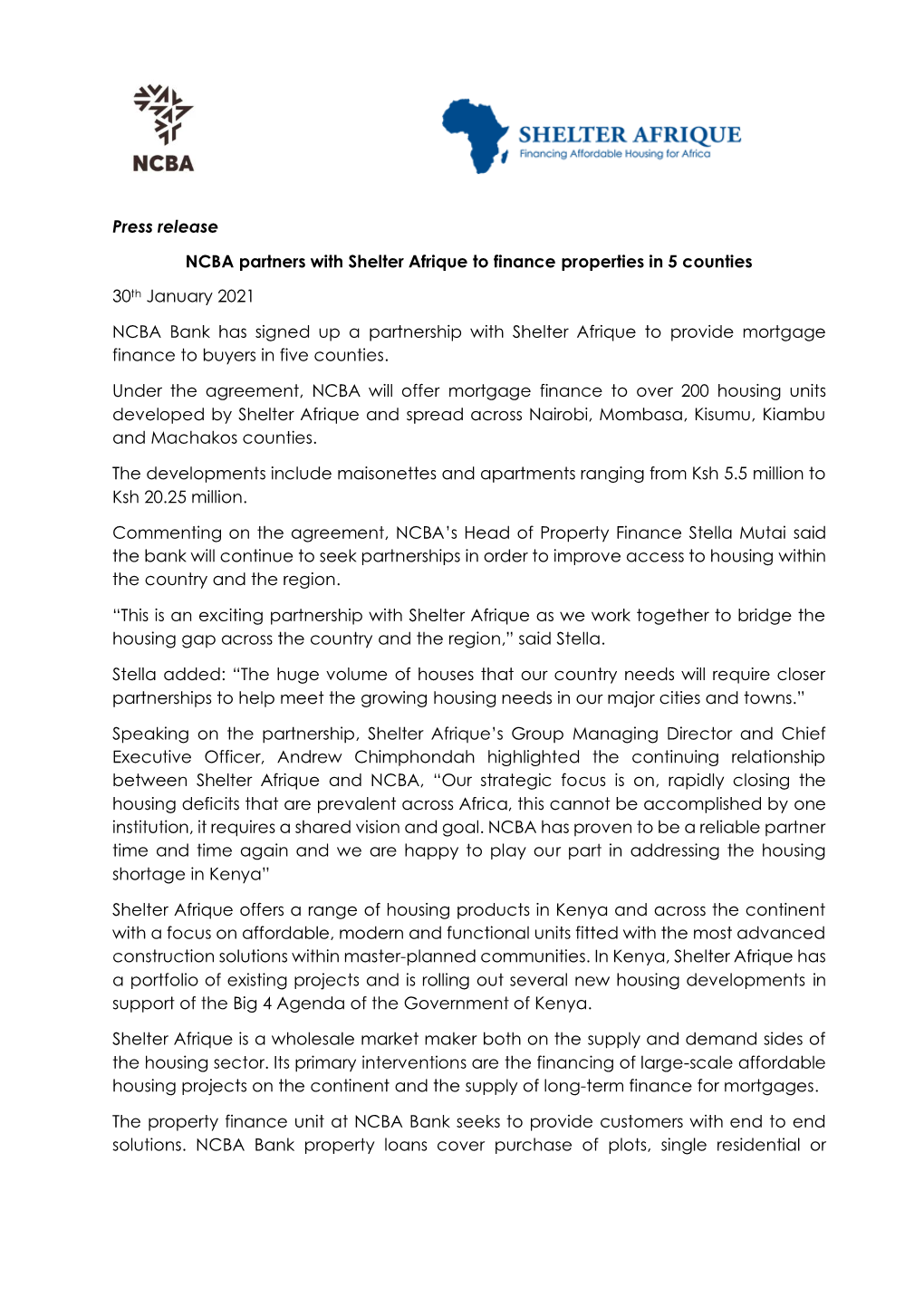 Press Release NCBA Partners with Shelter Afrique to Finance Properties