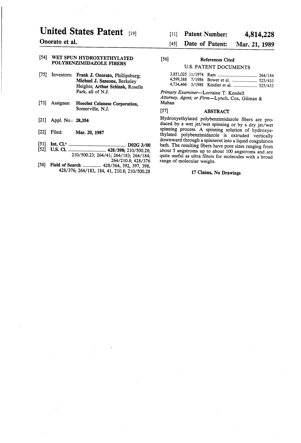 United States Patent (19) 11 Patent Number: 4,814,228 Onorato Et Al