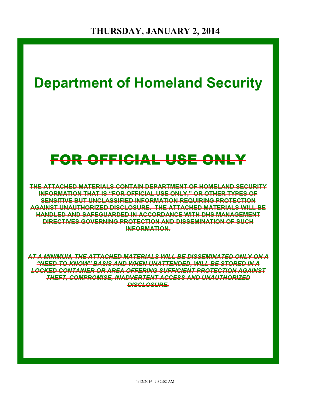 Department of Homeland Security for OFFICIAL USE ONLY